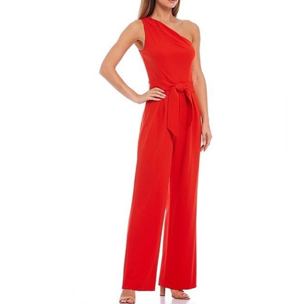 ANTONIO MELANI One-Shoulder Red Wide-Leg Jumpsuit with Waist Tie